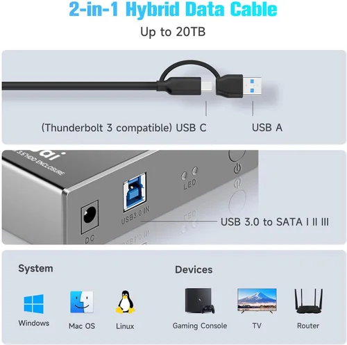 Miniatura 3 de Caja de disco duro de aluminio de 3.5 pulgadas USB 3.0/USB C a SATA para disco duro interno de 3.5 pulgadas y SSD de hasta 20 TB