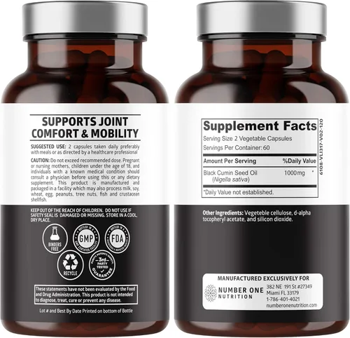 Number One Nutrition Aceite de semilla negra N1N Premium [fuerza máxima, 1000 mg] 100% prensado en frío Nigela Sativa para apoyar la digestión, el