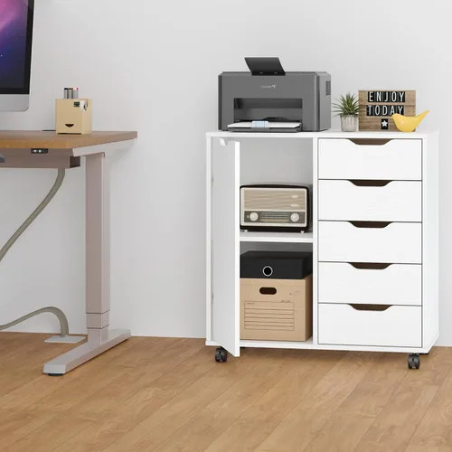 Miniatura 2 de Panana - Cómoda de 5 cajones con 1 puerta, cómoda de madera con cajones y ruedas, gabinete de almacenamiento para oficina y dormitorio, mueble