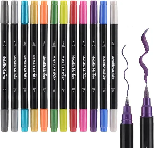 Colourcolor Rotuladores metálicos de 12 colores, doble punta y punta fina para álbum de bricolaje, tarjetas negras, pintura roca, fabricación de
