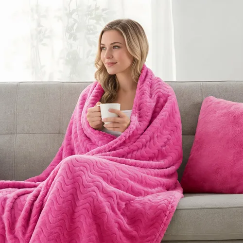 Miniatura 2 de Exclusivo Mezcla Manta para sofá, acogedora manta ligera de vellón con textura ondulada decorativa, adecuada para invierno, rosa intenso, 50 x 70