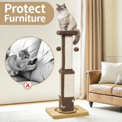 Miniatura 5 de Poste rascador alto para gatos grandes y gatitos, poste vertical de sisal interior de 33 pulgadas, estructura cuadrada resistente con 4 agujeros