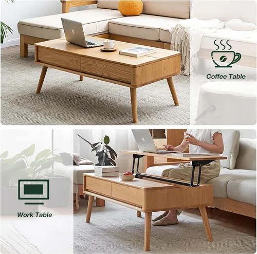 Miniatura 5 de Mesa auxiliar elevable con almacenamiento, mesa de centro elevadora de madera de roble 100% maciza, mesa de centro de madera de 39 pulgadas