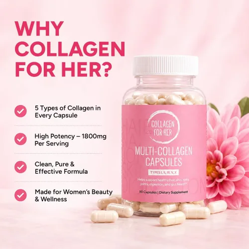 Miniatura 9 de Collagen For Her: Cápsulas de colágeno múltiple para mujeres (tipos I, II, III, V, X), péptidos de colágeno hidrolizados, suplemento vitamínico