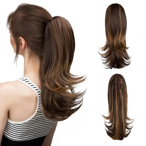 Miniatura 21 de CJL HAIR - Extensión de cola de caballo con clip de garra corto, cordón elástico, cabello rizado falso, balayage, pieza de cabello sintético, fibra