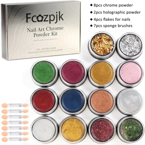 Miniatura 2 de Juego de polvos de uñas cromados, 14 colores, rosa, azul, plateado, efecto metálico, polvo de espejo para uñas con pinceles, pigmento holográfico
