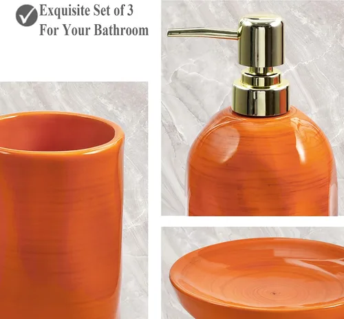Miniatura 3 de Juego de accesorios de baño naranja quemado, 3 piezas de cerámica completa, soportes para cepillos de dientes, dispensador de jabón, jabonera