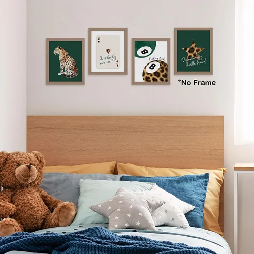 Miniatura 6 de TLESKE Carteles de guepardo y leopardo preppy verde esmeralda Impresiones sin marco 8x10 Juego de 4, decoraciones de pared con bolas de la suerte 8