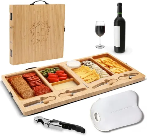 Miniatura 10 de Tabla de charcutería – Tabla grande de queso de bambú con juego de cuchillos magnéticos – Plato de queso de madera – Tabla de charcutería plegable