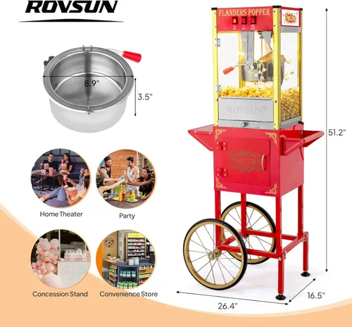 Miniatura 7 de Máquina de palomitas ROVSUN con carro, ruedas y hervidor de 8 oz, hace hasta 32 tazas, certificada ETL, máquina de palomitas con cuchara de acero