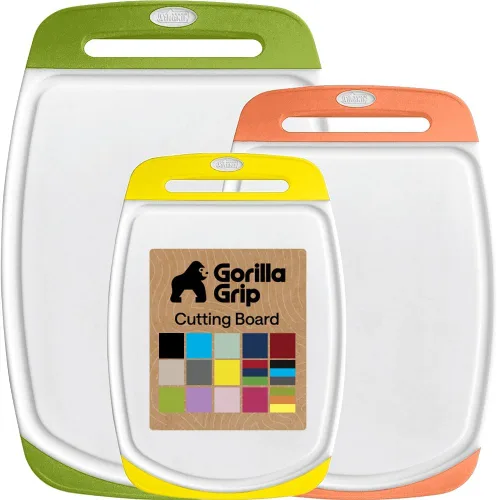 Miniatura 27 de GORILLA GRIP Juego de 3 tablas de cortar de cocina reversibles sin BPA, diseñadas en Estados Unidos, no porosas, ranuras para jugos, borde