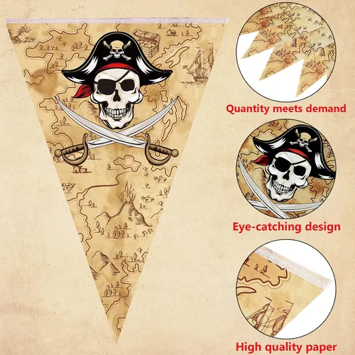 Miniatura 3 de Funrous Decoraciones de fiesta pirata de 49 pies con diseño de calavera y bandera pirata Jolly Roger, decoraciones de cumpleaños, banderines