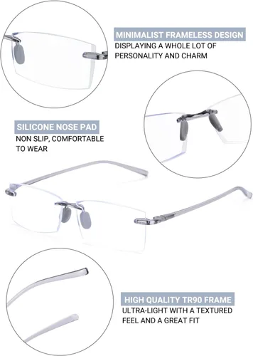 Miniatura 4 de TERAISE Anteojos de lectura sin montura cómodos, ligeros, sin marco, para hombres y mujeres, con bloqueo de luz azul, lentes de computadora Gris