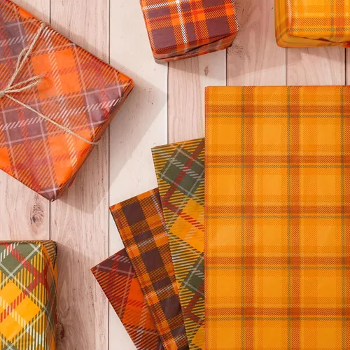 Miniatura 3 de Whaline 60 hojas de papel de seda a cuadros retro naranja marrón a cuadros decorativos para otoño, fiesta de Acción de Gracias, manualidades, 14 x