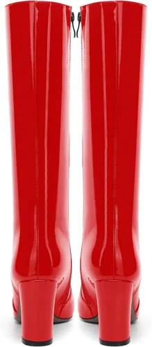 Miniatura 60 de AMBELIGHT Botas altas hasta la rodilla con cremallera y puntera puntiaguda para mujer, de patente sólida, tacón alto, 3.3 pulgadas
