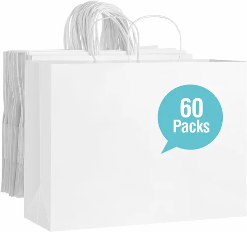 Miniatura 7 de Woric 60 bolsas de papel marrón con asas, bolsas de regalo grandes de 16 x 6 x 12 pulgadas, multiusos, marrón sólido, papel sin recubrimiento, 60