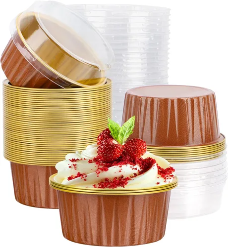 Miniatura 10 de EUSOAR Moldes de Papel de Aluminio para Hornear, 5oz 50 piezas Moldes Reutilizables para Cupcakes con Tapas, 3.34x2.59x2.35 pulgadas 125ml Moldes