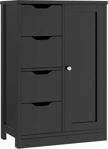 Vongrasig Armario de suelo de baño, organizador de almacenamiento de madera con 1 puerta y 4 cajones, muebles de baño laterales independientes,