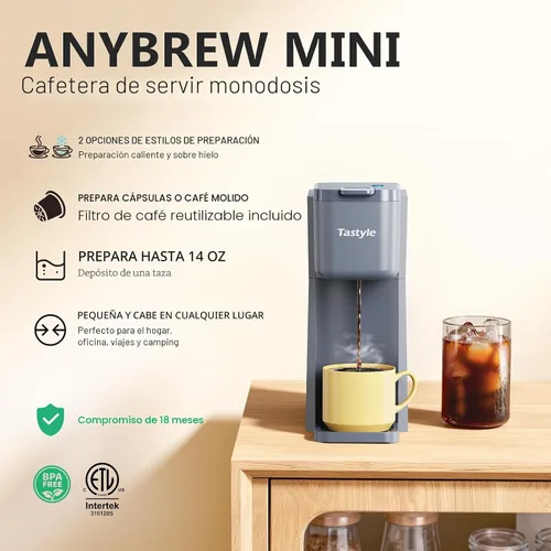 Miniatura 2 de Tastyle Mini Cafetera de Café Caliente y Helado de Una Sola Porción, para Cápsulas K y Molida, Tamaños de Preparación de 6 a 14 Onzas, con Libro