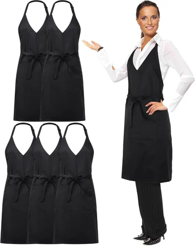 Liitrsh 5 delantales unisex con cuello en V, 2 bolsillos, delantales de esmoquin ajustables negros con lazo largo en la cintura, delantal formal