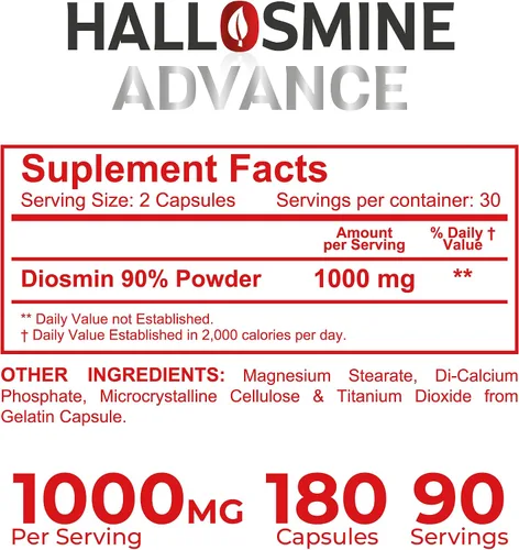 Miniatura 6 de Hallusa Natural Hallosmine Advance Circulation & Vein Support, Diosmin 1000 mg + crema de piernas gratis, pies hinchados, tobillos y piernas, venas
