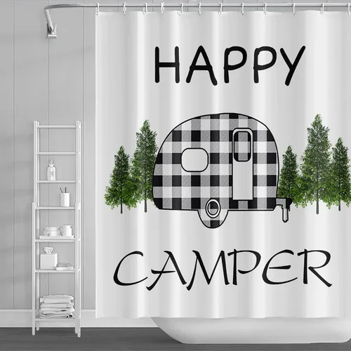 Miniatura 11 de Cortina de ducha Happy Camper de 48 x 72 pulgadas, diseño de caricaturas, remolque, hoguera, aventura al aire libre, cortina de baño para decoración