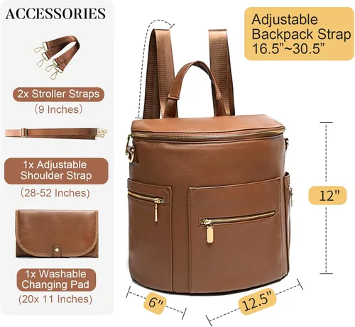 Miniatura 3 de miss fong Mochila para pañales, bolsa de bebé, bolsa de pañales de cuero, bolsa de pañales con bolsas cruzadas para pañales, Miss Fong Paquete