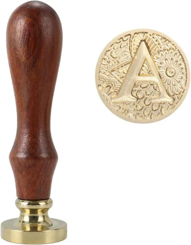 Miniatura 2 de Yoption - Sello de cera con letra A, cabeza de latón, alfabeto botánico, sello de sellado inicial con mango de madera