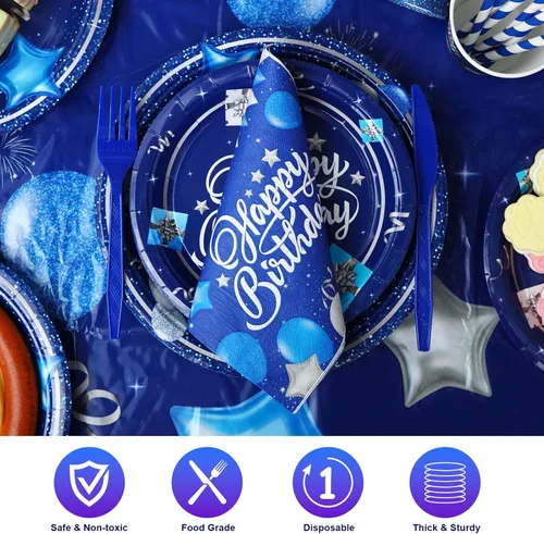 Miniatura 3 de Norme Juego de vajilla para fiesta de cumpleaños de 176 piezas en azul marino y plata. Decoración de cumpleaños que incluye mantel, platos de papel