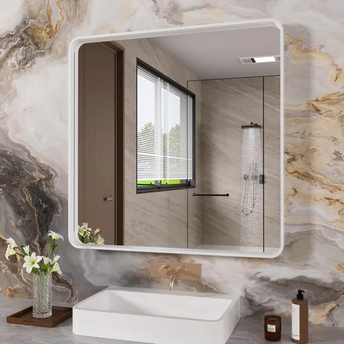 Miniatura 21 de JISOSO - Espejo de baño de 24x36 pulgadas con marco de metal cepillado color níquel, espejo con marco de metal cepillado plateado para pared, espejo