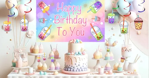 Miniatura 2 de Cartel de cumpleaños de Boba – 5 piezas de guirnaldas de fiesta de té de burbujas para cumpleaños de niños, baby shower, verano y suministros