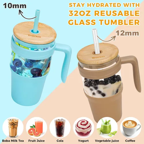 Miniatura 4 de Tronco Vaso de vidrio de 32 onzas con asa, popote y tapa de bambú, cabe en el soporte para tazas, taza de batido de café helado, sin BPA, apto