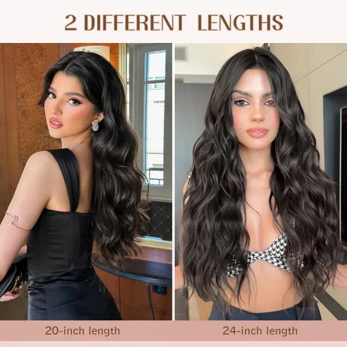 Miniatura 4 de Extensiones de cabello con clip para mujer, negro natural con reflejos marrones, 20 pulgadas, 6 piezas, extensiones de cabello largo, ondulado