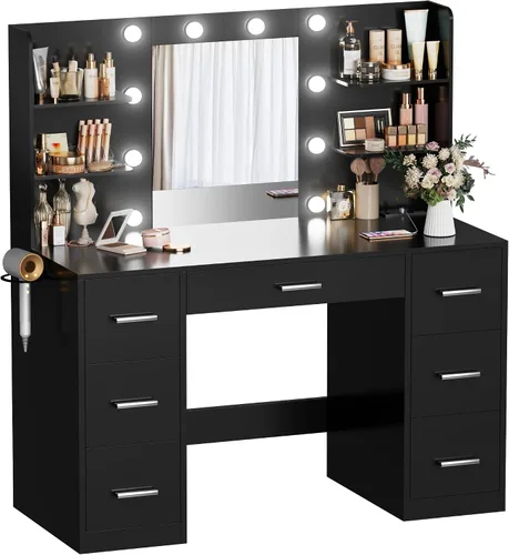 Miniatura 7 de Escritorio de maquillaje con espejo y 10 luces, mesa con 7 cajones y 4 estantes abiertos, 3 modos de color y brillo ajustable, estación de carga