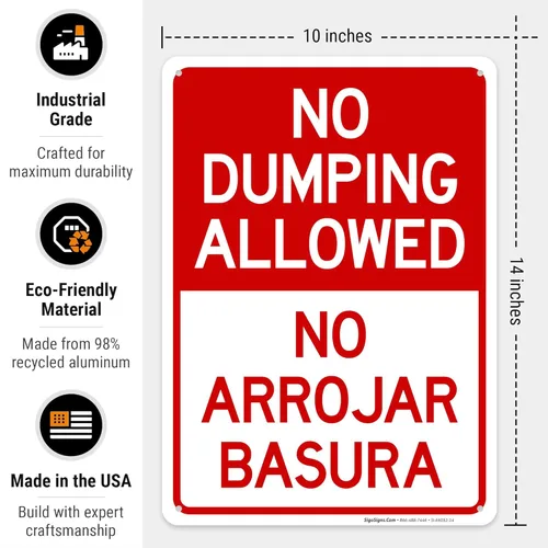 Miniatura 3 de Letrero bilingüe de "No Dumping Allowed No Arrojar Basura, 10 x 14 pulgadas, libre de óxido, aluminio 040, resistente a la decoloración, fabricado