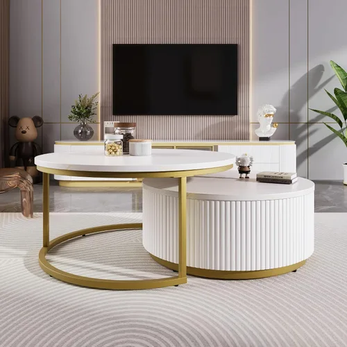 Miniatura 12 de Moderna mesa de centro redonda anidable acanalada con cajón en negro y dorado en 27.6 pulgadas