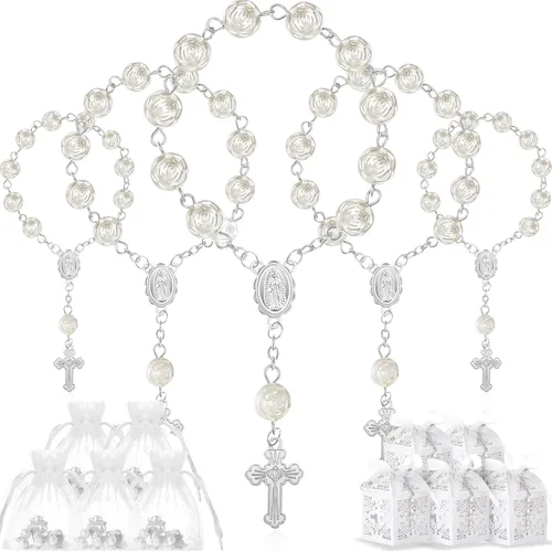 Miniatura 10 de Juego de 50 paquetes de recuerdos de bautismo, cuentas de rosario de bautismo acrílicas, perlas falsas con bolsas de organza, recuerdo de boda