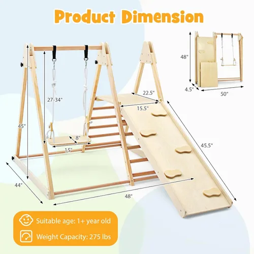 Miniatura 3 de HONEY JOY Gimnasio de la selva interior para niños, gran juego de escalador 5 en 1 con columpio para bebé, rampa deslizante, escalera y pared