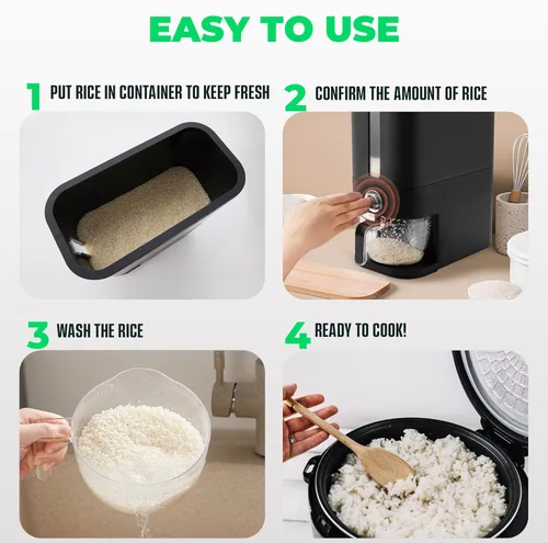 Miniatura 7 de Dispensador de arroz 25 libras Contenedor de almacenamiento de arroz 25 libras con esponja, cuchara y taza medidora Contenedor de arroz