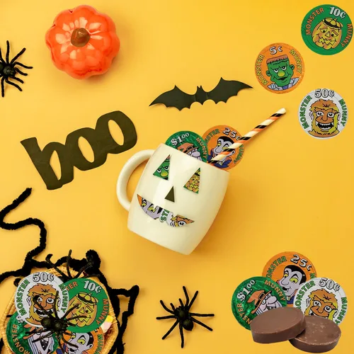 Miniatura 5 de Fruidles Monedas de dinero de monstruo de Halloween, rellenos de bolsas de fiesta de dulce o truco, envueltas individualmente en papel de aluminio