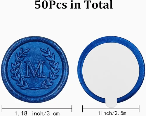 Miniatura 2 de 50 piezas de pegatinas adhesivas de sello de cera azul letra M, hechas a mano, no necesita sello de cera, pegatinas de cera desprendibles