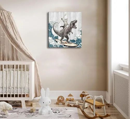 Miniatura 6 de WWN Divertido arte de pared de dinosaurio para montar en gato, divertido arte de pared de T-Rex Surfing, pintura para decoración de pared, póster
