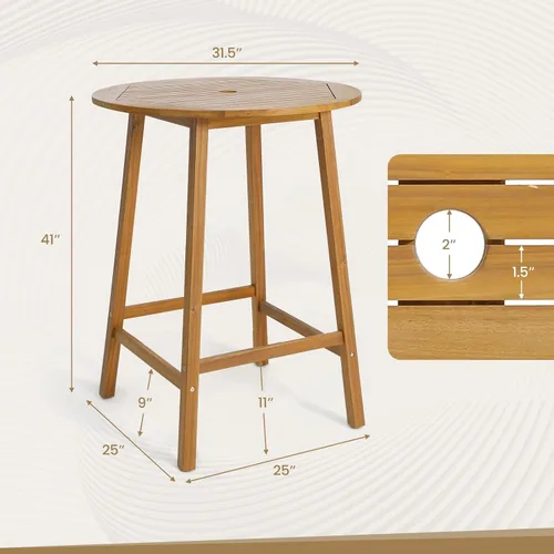 Miniatura 3 de Tangkula Mesa de bar de madera de acacia de 31.5 pulgadas, mesa redonda de bistró con agujero para paraguas, mesa de comedor al aire libre
