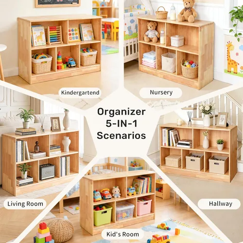 Miniatura 6 de WINGYZ Estantería Montessori de madera de caucho, armario de almacenamiento de madera de 5 secciones, 2 estantes, organizador de almacenamiento