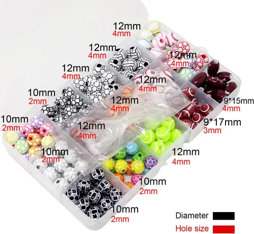 Miniatura 2 de Honbay 15 estilos de cuentas redondas de acrílico para deportes, baloncesto, tenis, voleibol, béisbol, rugby, fútbol, cuentas para hacer pulseras