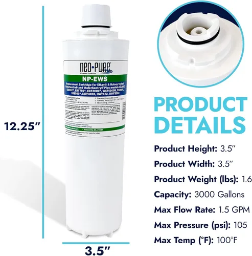 Miniatura 3 de Neo-Pure NP-EWS Elkay - Filtro de repuesto compatible para Elkay 51299C, 51300C y WSF6000R y Halsey Taylor 55898C, individual