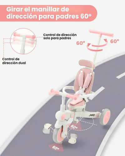 Miniatura 3 de JMMD - Triciclo para bebé 7 en 1 plegable con mango ajustable para padres, arnés de seguridad y frenos de rueda, toldo extraíble, triciclo de paseo