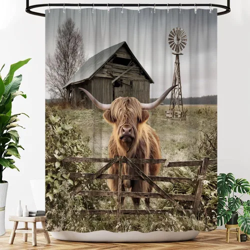 Highland - Cortina de ducha de vaca rústica, animales de granja, divertida, linda, ganado, toro, molino de viento vintage, tela de valla de madera