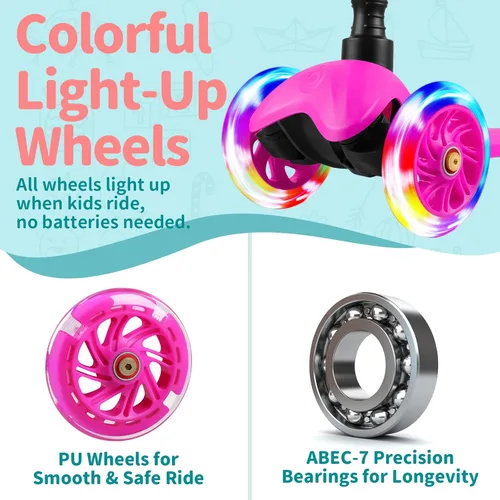 Miniatura 3 de BELEEV Patinete A1 para niños de 2 a 6 años, patinete de 3 ruedas para niños pequeños, niñas y niños, ruedas que se iluminan, altura ajustable, Rosa