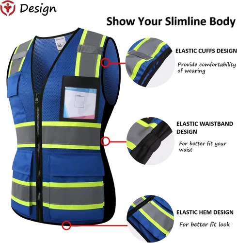 Miniatura 2 de Chaleco de seguridad reflectante de alta visibilidad para hombres y mujeres con bolsillos y cremallera frontal, cumple con los estándares ANSI/ISEA